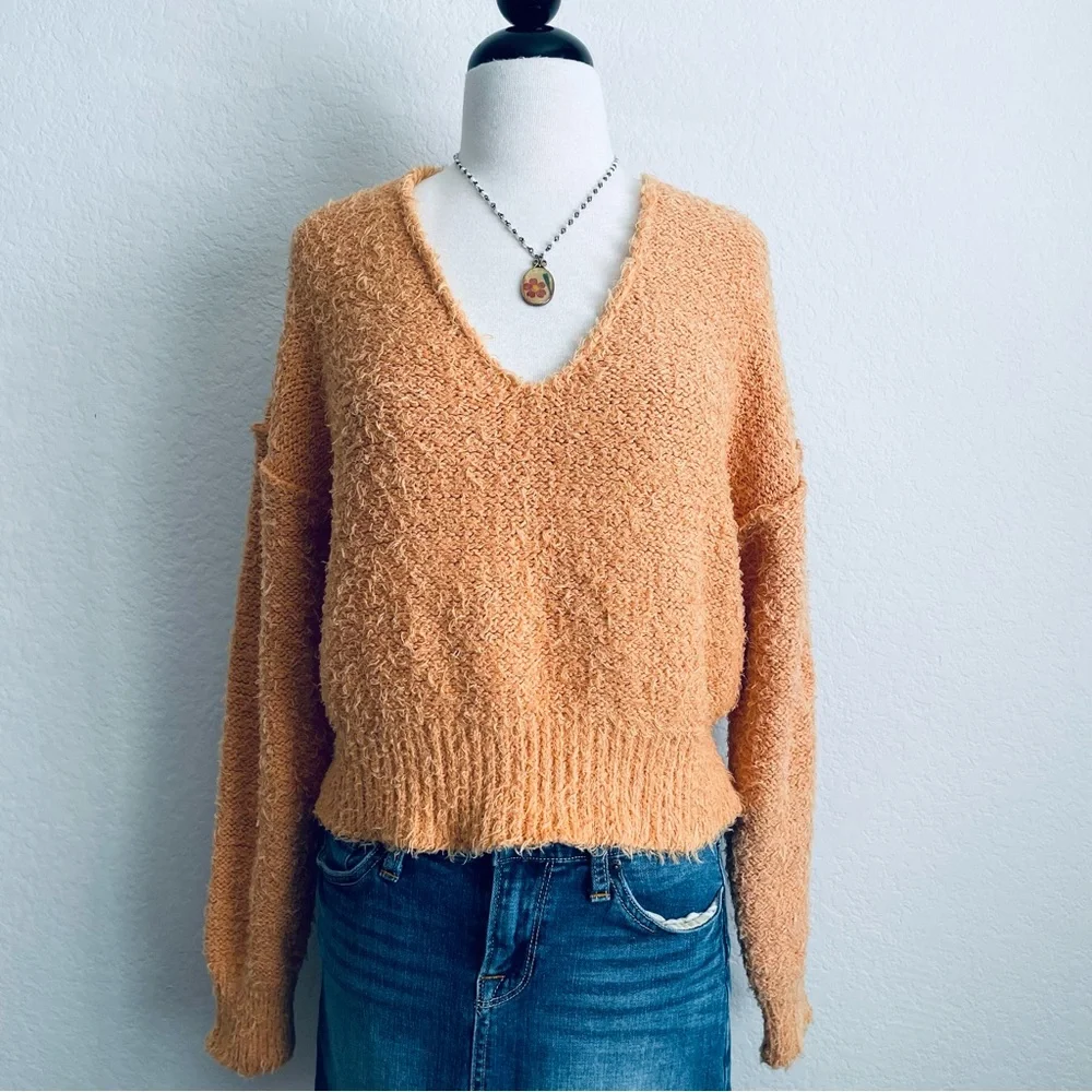 We the Free Free People Orange Eyelash  V-Neck Cropped Sweater
